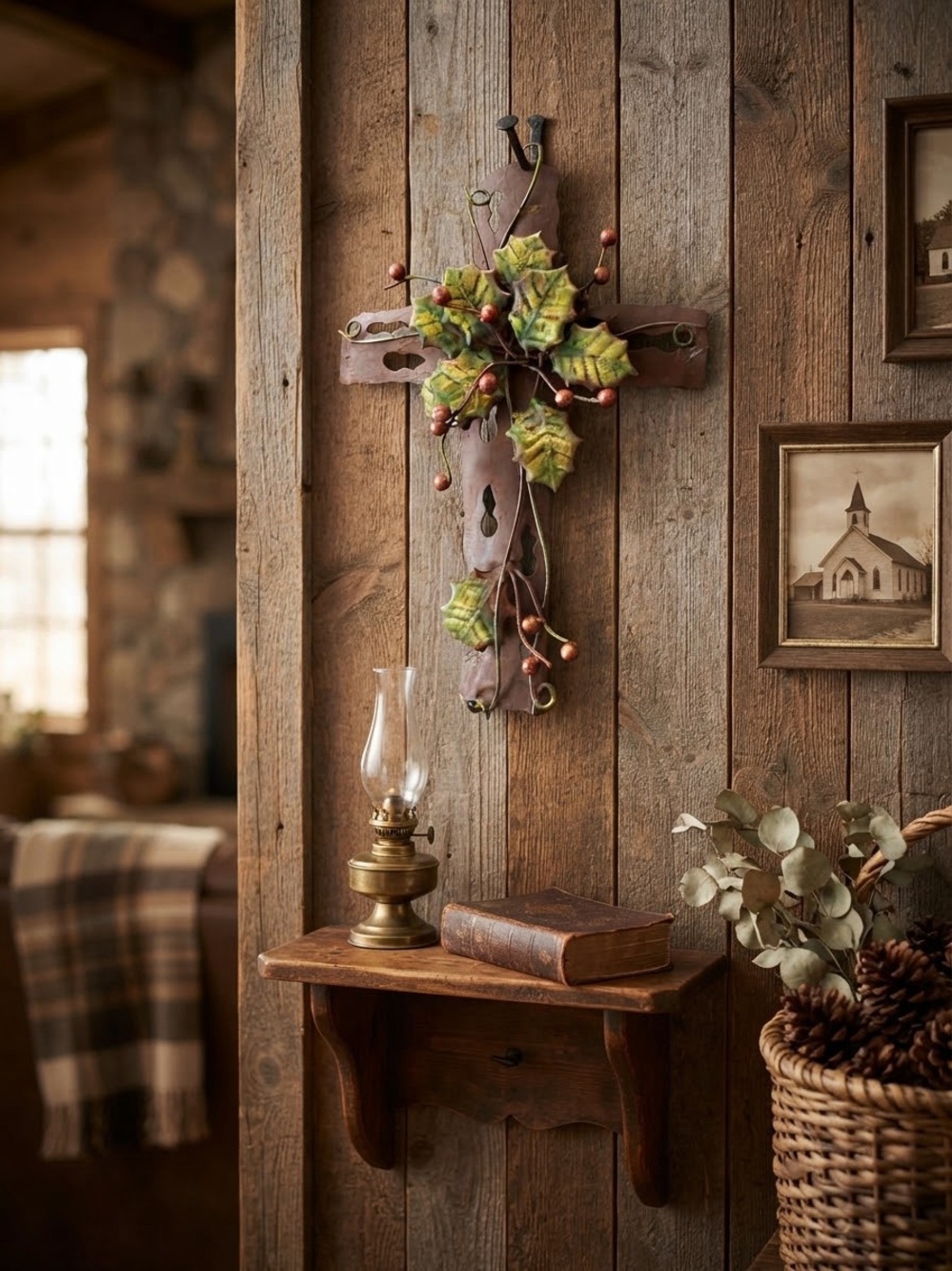 Rustic Metal Cross Wall Accent with Green Holly and Copper Berries